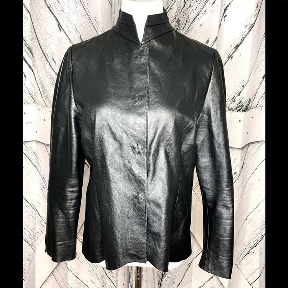 Leather Jacket Snap Front Black Size M/L - Picture 1 of 8